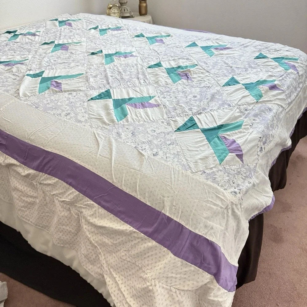 Vtg Patchwork Quilt Flying Geese Full Queen 83x82 Purple Teal Floral Handmade